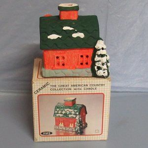 AMS Tealight Candle Ceramic Christmas Barn With Silo and Tree